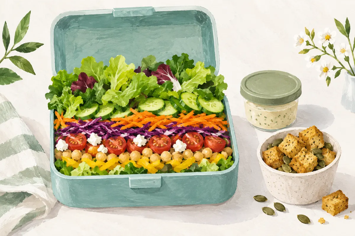 Sałatka w lunchboxie z sosem i chrupiącymi dodatkami zapakowanymi osobno